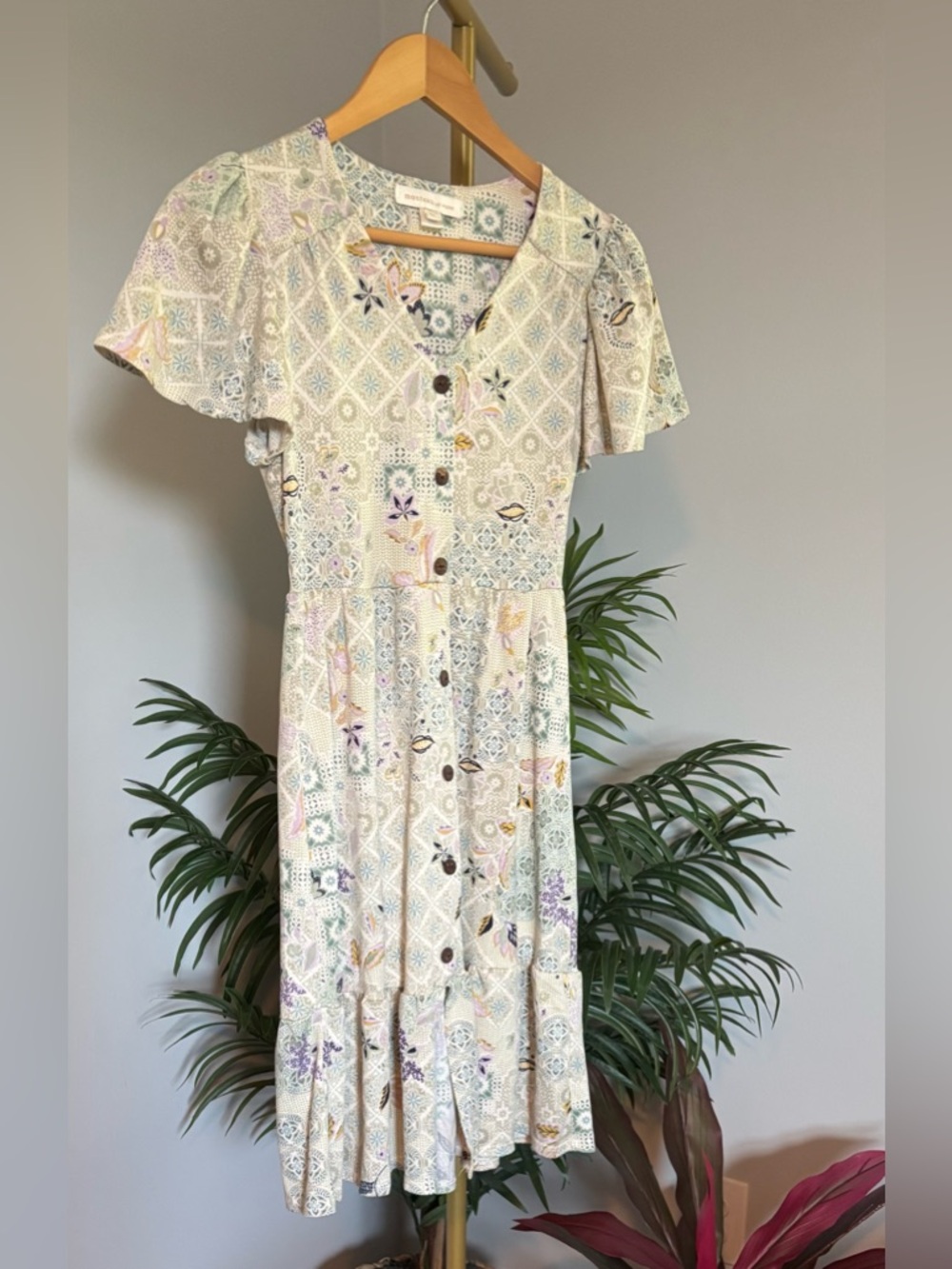 Monteau Ivory Floral-Print Button Midi Dress